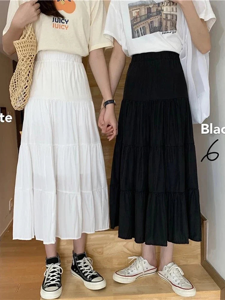 vmtvr Spring Summer Women Chiffon Skirts Vintage High Waist Elastic Patchwork White Black Chic Long Cake A-line Skirt for Student