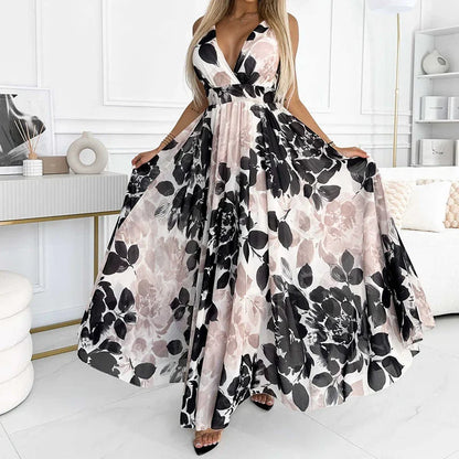 vmtvr  -  Elegant Deep V-neck Backless Bohe Party Dress Women Casual Sleeveless Pleated Long Dress Fashion Pattern Printed Vacation Dress