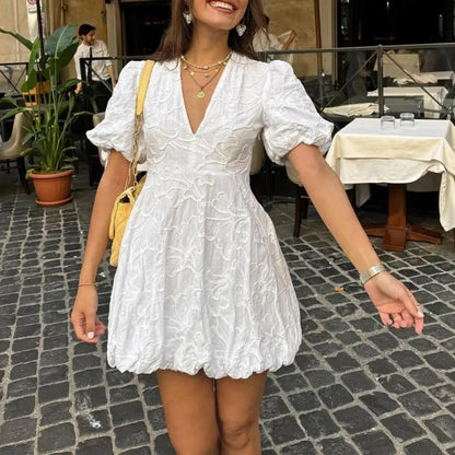 Solid Floral Embroidered Voluminous Mini Dress V-Neck Puff Sleeve White Tutu Mini Dress Woman Elegant Party Holiday Wear