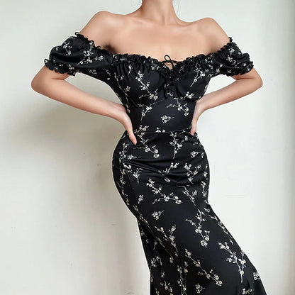 vmtvr Off Shoulder Flower Print Sexy Dress For Women High Split Elegant Long Dresses Backless Bodycon Summer Dress Vestidos