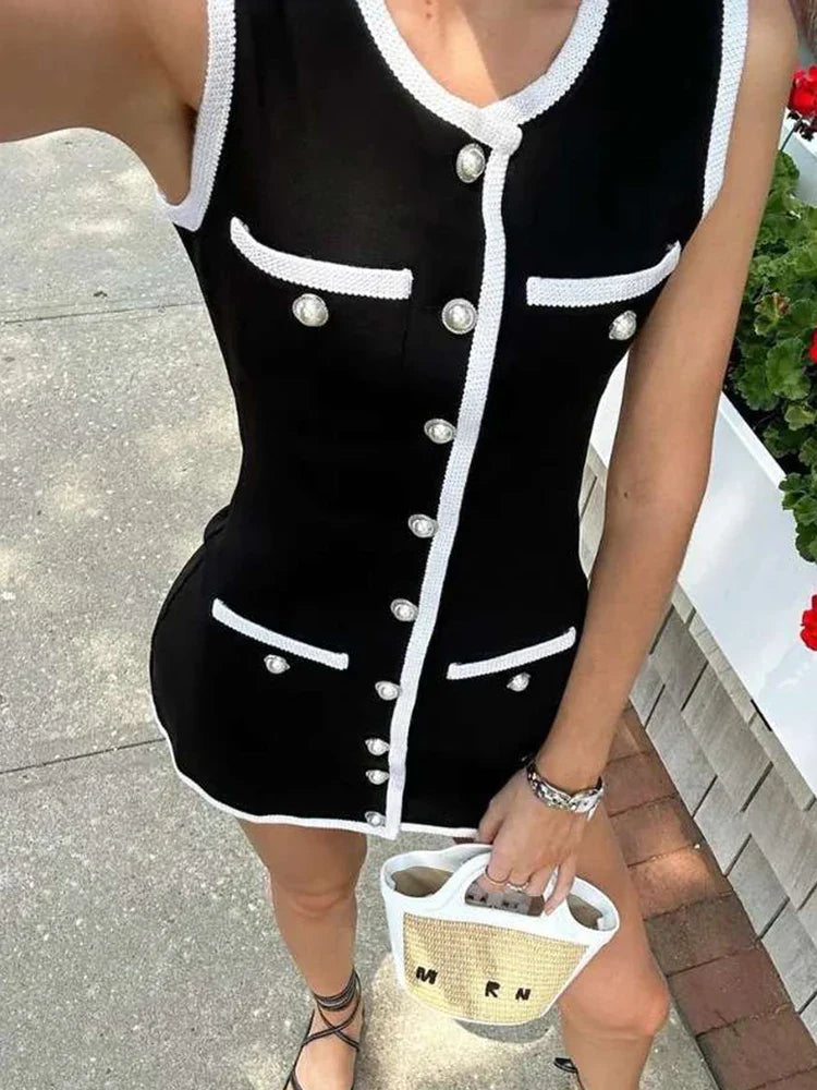 vmtvr  -  Knit Sleeveless Single Breasted Mini Dress Women Slim Contrast Female Patchwork Dresses Spring Fashion O Neck Pockets Lady Robe