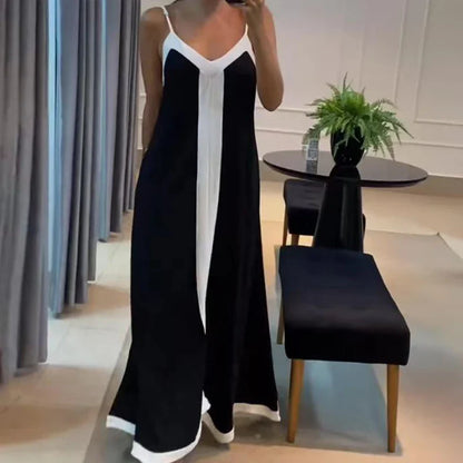 vmtvr 2024 Spring V Neck Backless Sling Long Dress Women Casual Contrast Color Patchwork Party Dress Summer Sleeveless Boho Maxi Dress