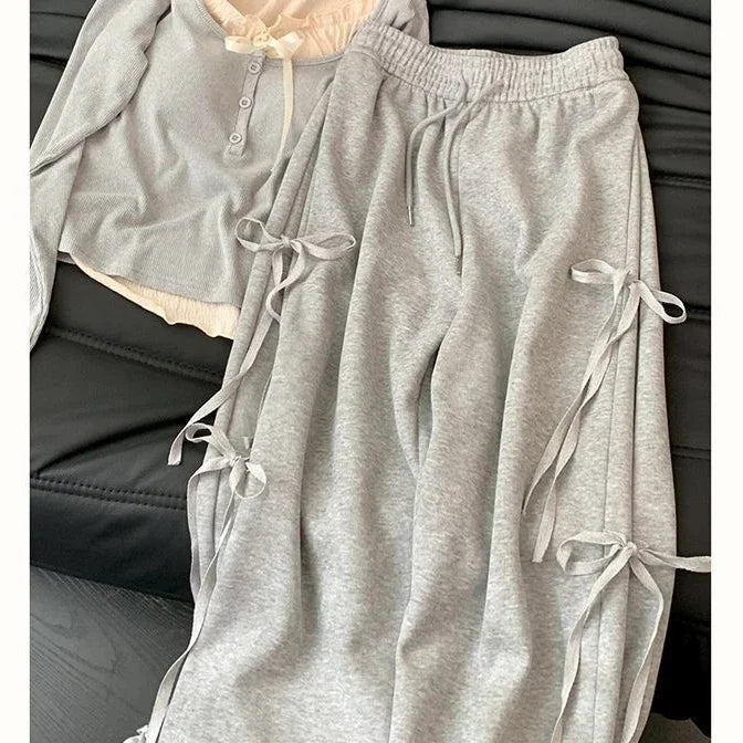 vmtvr Summer Korean Style Wear Gray Casual Top Female 2024 New Bow Design Super Sweet High Waist Slim Wide Leg Pants Two-piece Suit