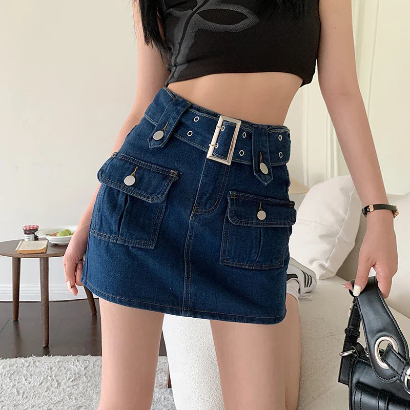 vmtvr Y2K Women High Waist Denim Skirts Korean Retro Belt Mini Skirts Summer Casual Female Streetwear A Line Jeans Skirts