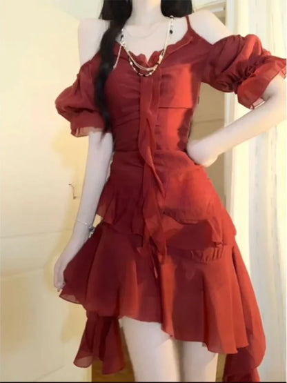 vmtvr  -  Red French Elegant Y2k Mini Dress Even Party Short Sleeve Dress Woman Vintage One Piece Dress Korean Fashion Summer Chic