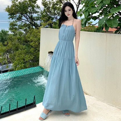 Halter Beach Holiday Dress for Women 2024 Off shoulder Blue Vacation Summer Casual Dresses French Sexy Backless Midi Clothes New