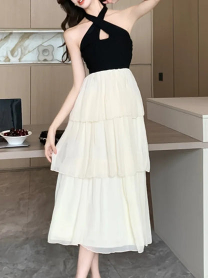 vmtvr Fashion New Sleeveless Casual Women Summer Dress Halter A-Line Patchwork Elegant Chic Party Birthday Robe Female Dresses Vestido