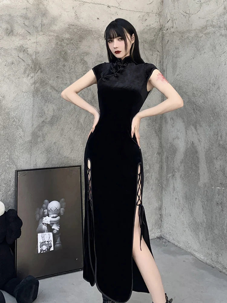 vmtvr  -  Goth Dark Romantic Gothic Velvet Aesthetic Dresses Vintage Women Black Bandage SlitHem Bodycon Dress Sexy Evening Wear Cheongsam