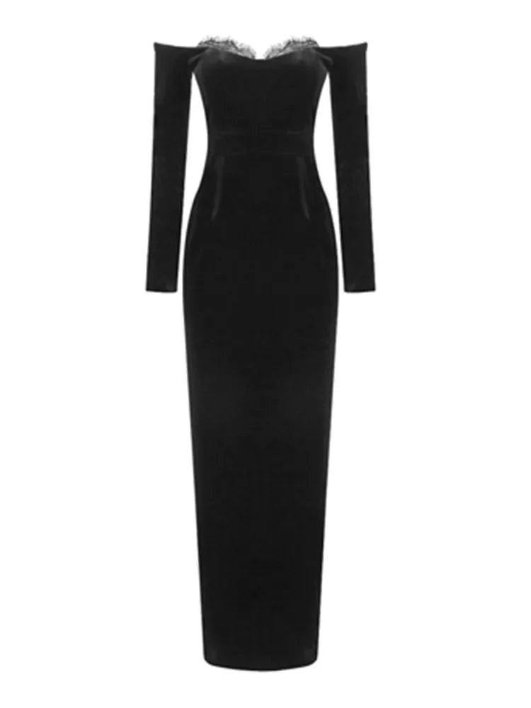 vmtvr  -  Women Celebrity Winter New Sexy Long Sleeve Off Shoulder Lace Black Velvet Bodycon Gowns Dress Elegant Evening Party Club Dress