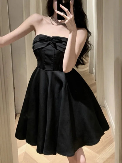 vmtvr New Summer Elegant Strapless Short Dress Women High Waist A-line Korean Chic Evening Party Dresses Prom Black One Piece Vestido