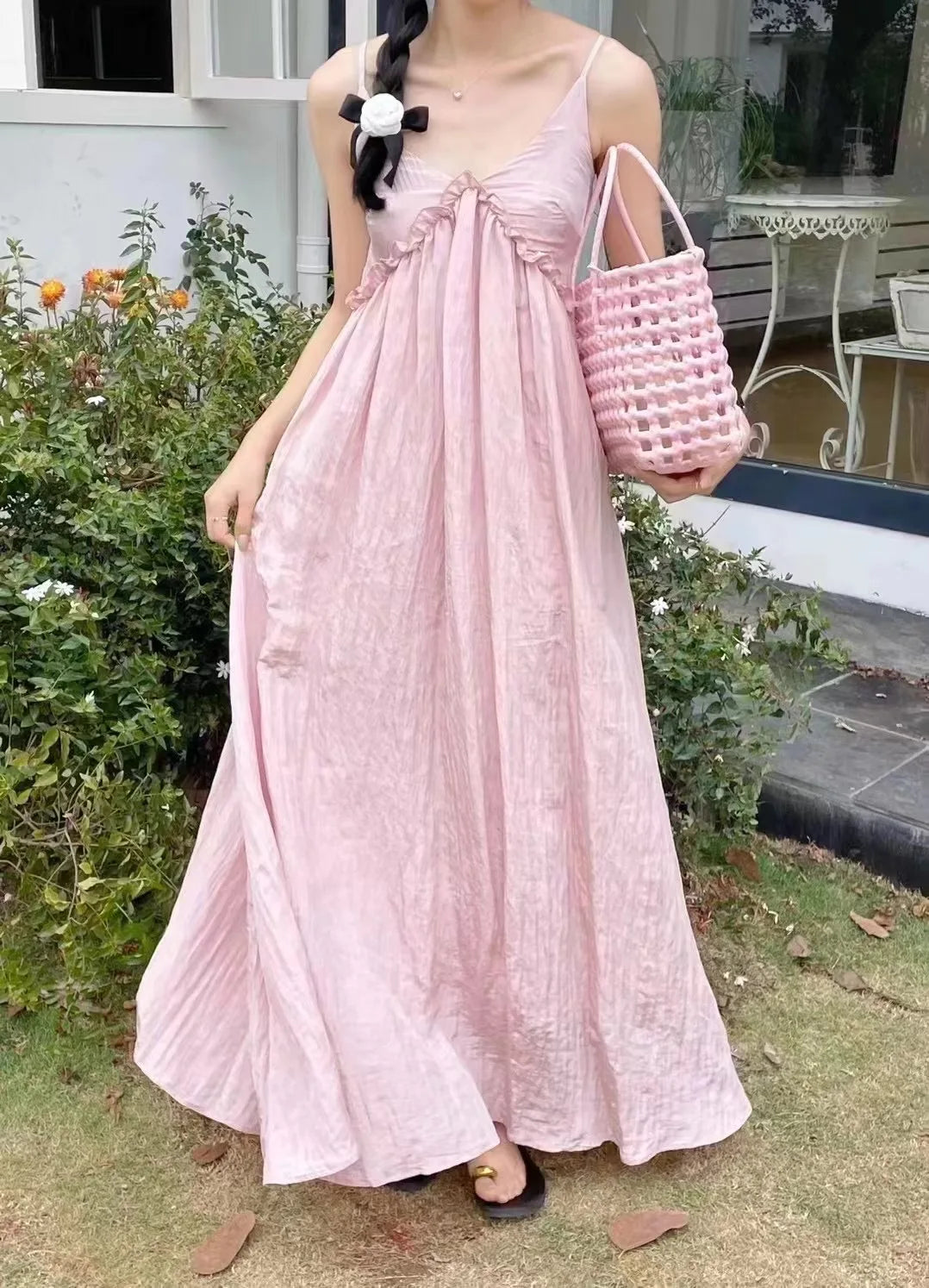 New Elegant Women Backless Sweet Maxi Dress 2024 Summer Pink Sexy V-Neck Sling Dress Vacation Party Slip Beach Casual Sundress