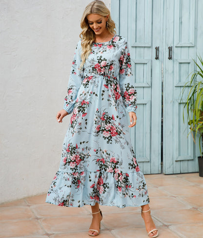 Women Floral Printed Maxi Dresses Spring Summer Casual O Neck Full Sleeve High Waist A Line Boho Beach Party Long Dress Vestidos