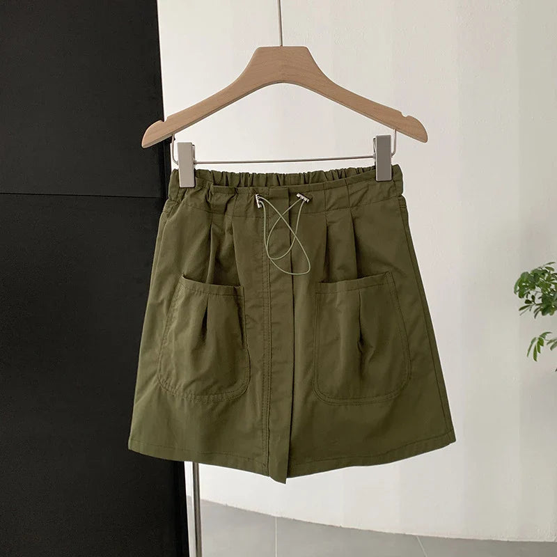 vmtvr High Waist Women Cargo Skirts Korean Fashion Drawstring Streetwear Mini Skirts Summer Casual Female Pocket A Line Skirts