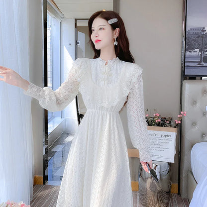 vmtvr Elegant Sweet Vintage Solid Lace Women Midi Dresses for New Autumn Fashion Long Sleeved Cute Party Birthday Fairy Dress