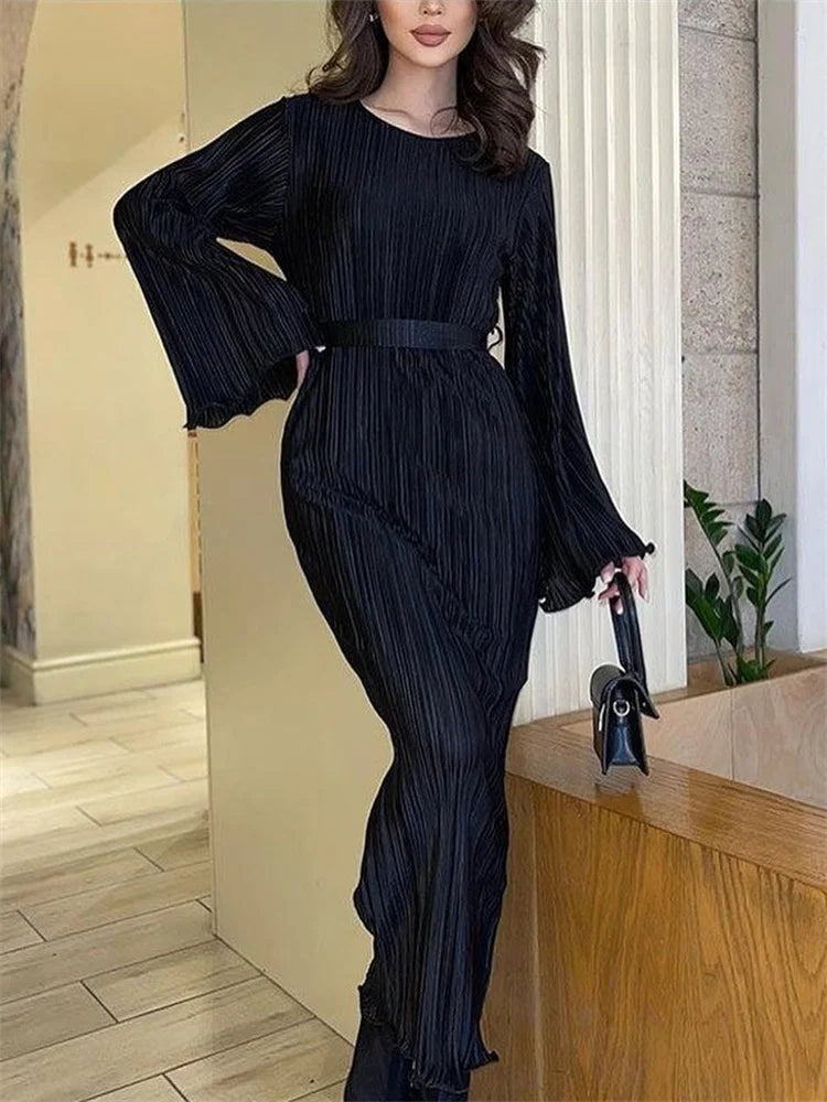 vmtvr Ruffled Lace-Up Ribbed Maxi Dress For Women Long Sleeve Fashion High Waist Elegant Party Dress Autumn Bandage Ladies Dress