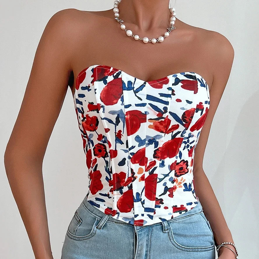 vmtvr Women's Summer Floral Printed Corset Tops Sexy Strapless Bodyshaper Bustier Crop Top Female Fashion Slim Back Hook Tank Tops