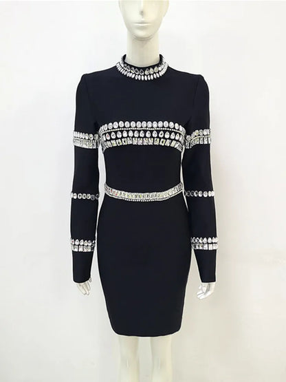 vmtvr - Brand New Women Winter Sexy Turtleneck Beading Long Sleeve Black Mini Bandage Dress  Elegant Evening Club Party Dress