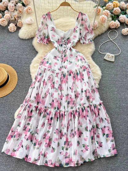 Women Chiffon Maxi Dress Summer Short Sleeve Floral Printed Elegant Party Dresses Ladies Vintage Slim A-line Beach Long Dress