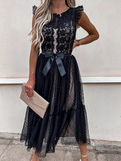 vmtvr Women Elegant V Neck Lace Patchwork Solid Party Dress Sexy Sleeveless Lady Summer Mesh Ruffle Dress Cute Princess Lace-Up Dress