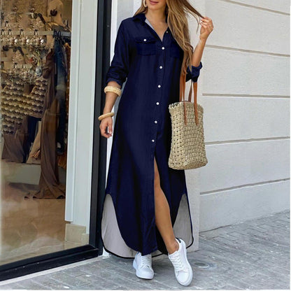 vmtvr - Casual Long Shirt Dress Autumn Women Long Sleeve Maxi Dresses Laides Turn-down Collar Office Dresses Loose Sundress Robe Longue