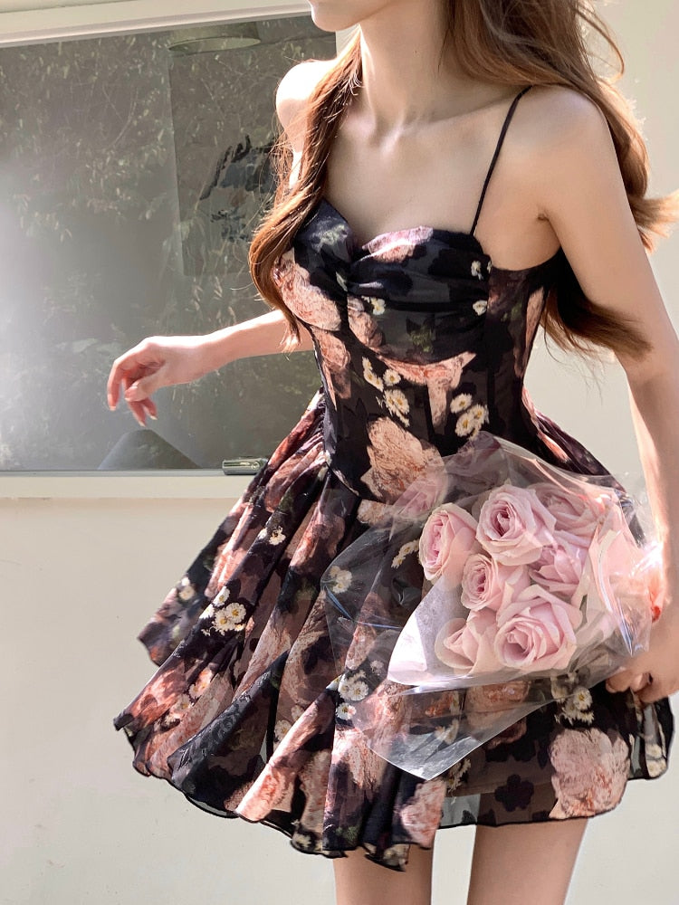 vmtvr -  Summer Korean Fashion Elegant Sweet Floral Dress Female V Neck Y2k Short Party Dress Bodycon Lolita Sexy Mini Dress Beach