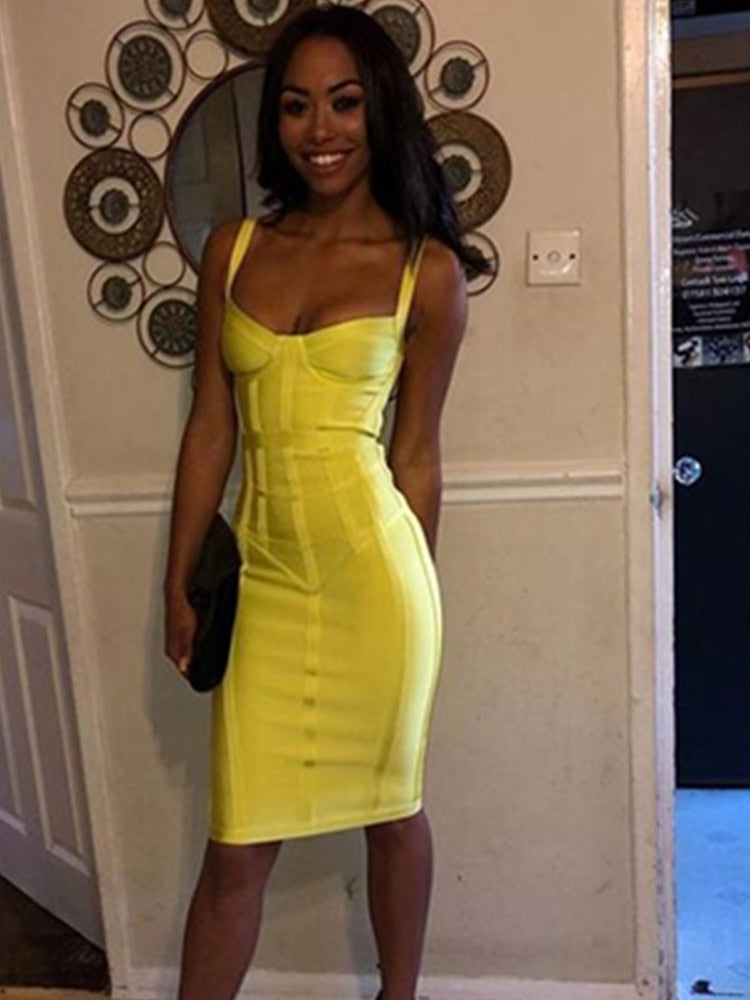 Sexy Sleeveless V Neck Yellow Midi Women Bodycon Bandage Dress 2023 Designer Fashion Evening Party Dress Vestido