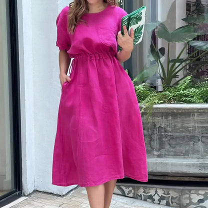 vmtvr Female Casual O-neck Shirring Slim Party Dress Spring Solid Pocket A-Line Long Dress 2024 Women Short Sleeve Simple Summer Dress