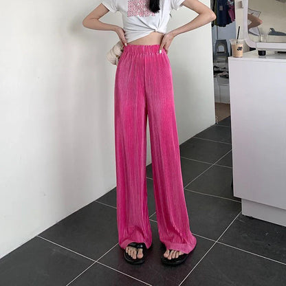 vmtvr Fashion Streetwear Women Harajuku Wide Leg Pants Summer Loose Thin Pleated Straight Trousers High Waist Elastic Y2k Pants