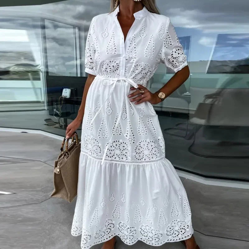 vmtvr Summer New Elegant Lace Embroidery Stitch Pleated Dresses Womem Stand Collar Button-up Party Dress Hollow Formal Female Vestidos