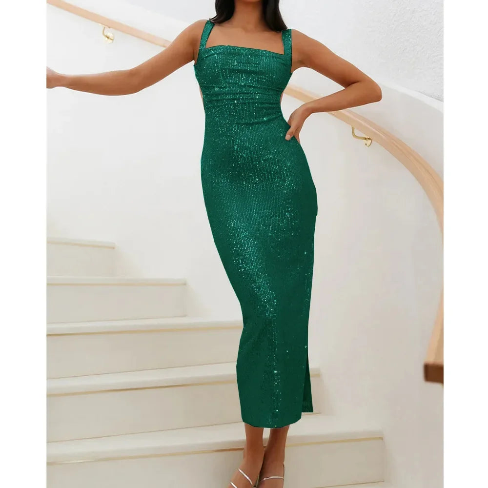 vmtvr Glitter Sequin Shiny Women Evening Dress 2024 Summer Sexy Square Collar Hollow Backless Party Boho Long Dress Slit Vestidos