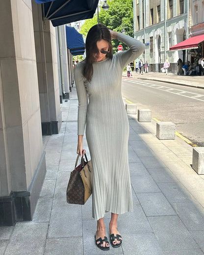 vmtvr  -  Striped Knitted Maxi Dress Long Sleeve Dresses O-neck Chic Slim Y2k Robe Westidos Vacation Streetwear Women's Clothing Birthday