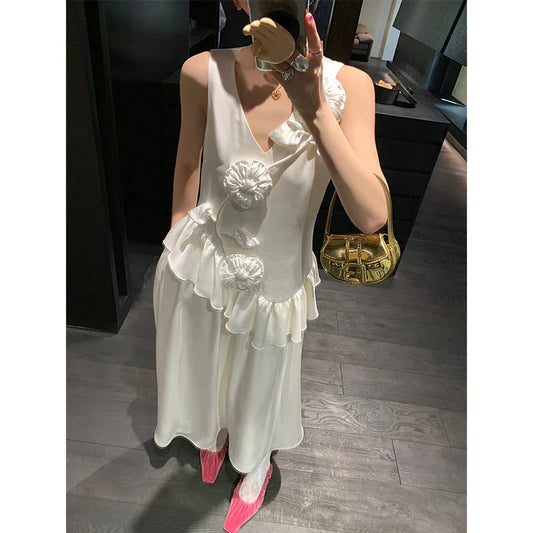 vmtvr  -  Women White Sleeveless Holiday Ruffled Edge 3D Floral Slip Dress Sexy Club Backless High Split Long Dress Female Summer Chic