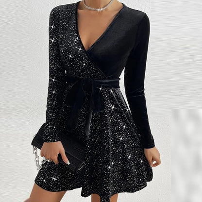 New Sexy V Neck Long Sleeve Mini Dress Fashion Ladies Back Patchwork Waisted Lace Up Dress Elegant Women Shiny Party Short Dress