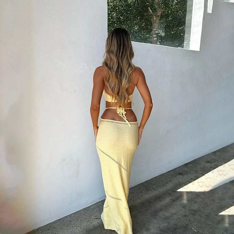 vmtvr  -  Yellow Knitted Beach Dress Women Fashion Halter Hollow Out Slim Long Dresses Summer Sexy Backless Holiday Party Outfits