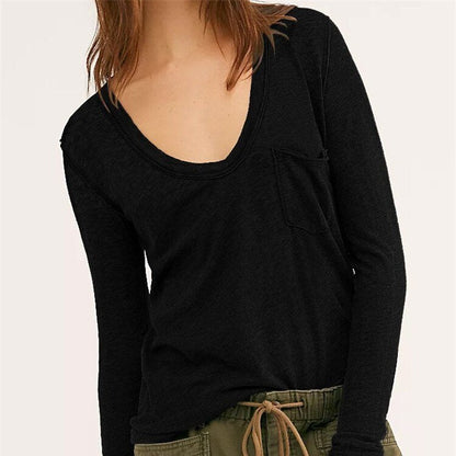 -Fall Outfits Long Sleeve Top  Women Loose Causal T-Shirts Tops Deep V Neck Long Sleeve Summer Autumn Solid Color Basic Tees with Pocket Streetwear