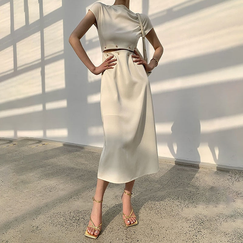 vmtvr - Elegant White Long Dress Female Round Neck Short Sleeve High Waist Cut Out Midi Dresses For Woman Clothing Fashion