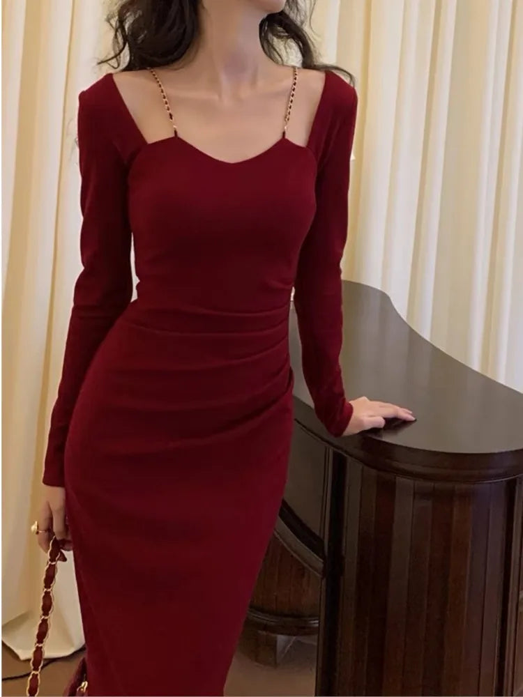 vmtvr Sexy Women Bodycon Slim Midi Dress Autumn Casual Black Red Evening Party Club Chic Vestidos Female Birthday Robe Clothings