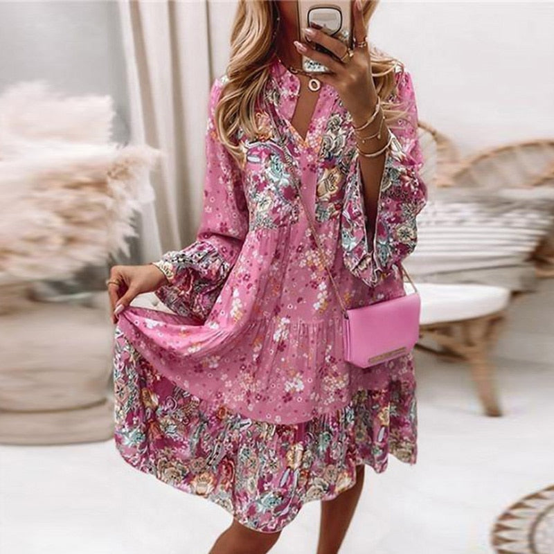 Women Elegant Long Sleeve Loose Beach Dress Casual New Fashion Floral Print Boho Party Dress Sexy V Neck Ruffle Mini Shirt Dress