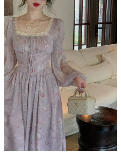 vmtvr  -  French Elegant Square Neck Chiffon Dress for Women Summer Evening Party Long Sleeve Female Dress Casual Fashion Midi Dress