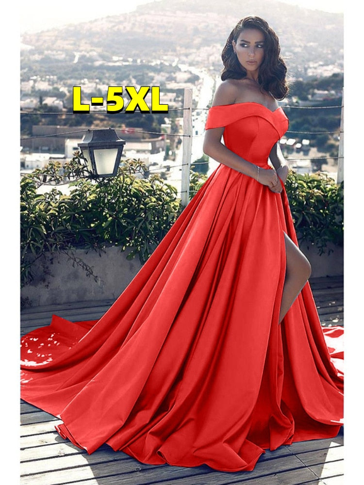 vmtvr - Elegantes Off Shoulder Plus Size Dress Women Sexy V-neck Luxury Backless High Waist Slit Evening Party Dress Vestidos De Fiesta