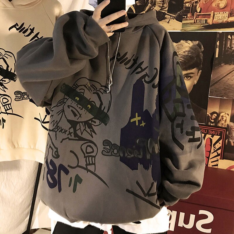 - Men Japanese Casual Streetwear Hoodie Cartoon Hip Hop Y2K Gothic Harajuku Aesthetic Pullover Hoodies Sweatshirts Emo Clothes