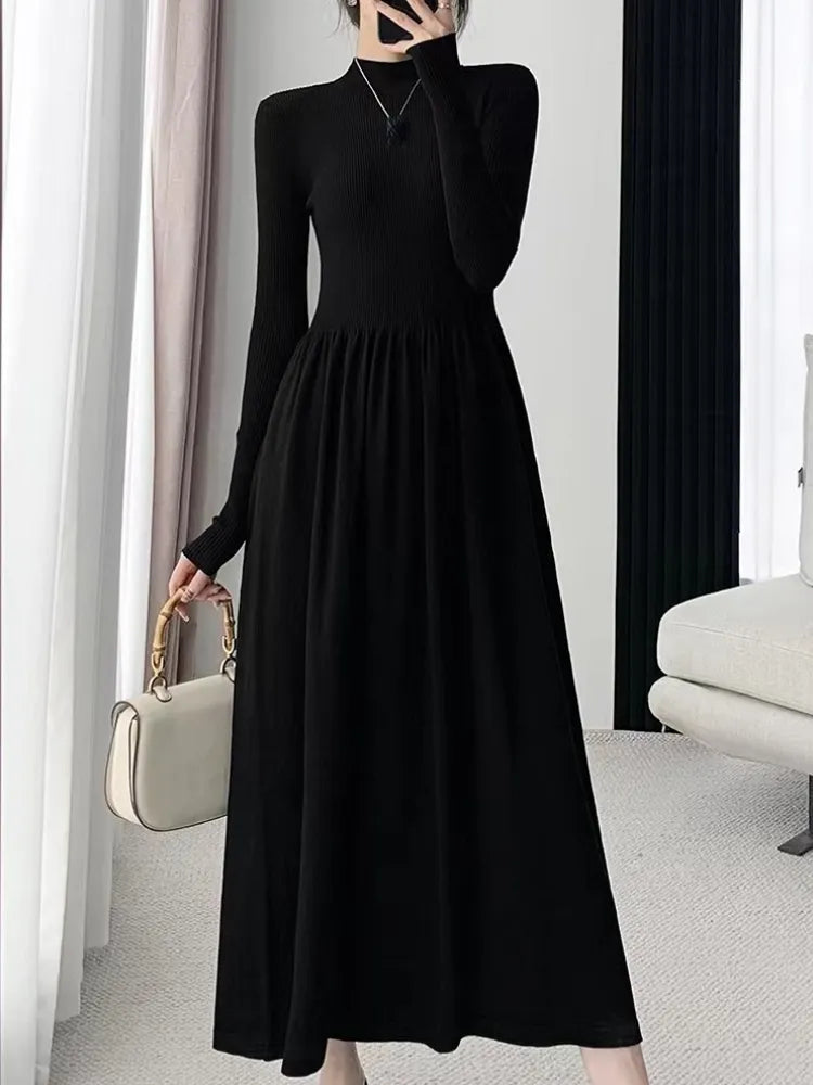 vmtvr New Fashion Solid Elegant Knitted Sweater Dress Women Vintage A-Line Ribbed Casual Party Black Vestidos Female Autumn Clothes