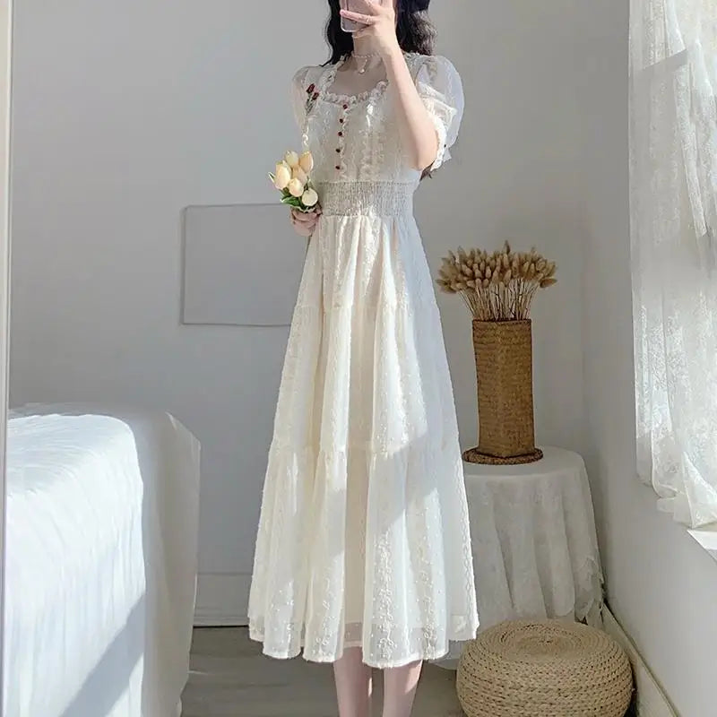 vmtvr Vintage Lace Fairy Midi Dress Women Summer French Floral Elegant Party Princess Dress Ladies Party One-piece Dress Korean