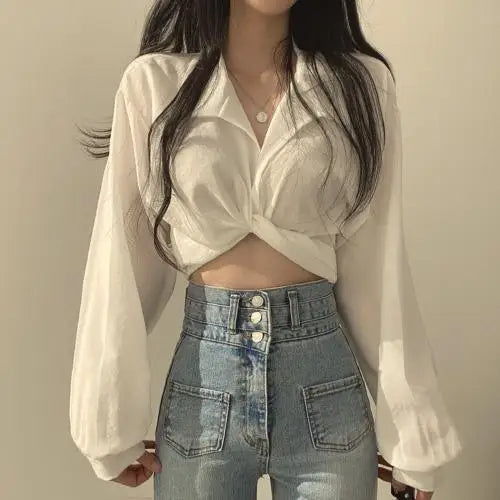 vmtvr Korean Clothing Fashion Women Short Navel Shirt Summer New Top Solid Sexy Bow Versatile Slim Female Chic Long Sleeve Blouse