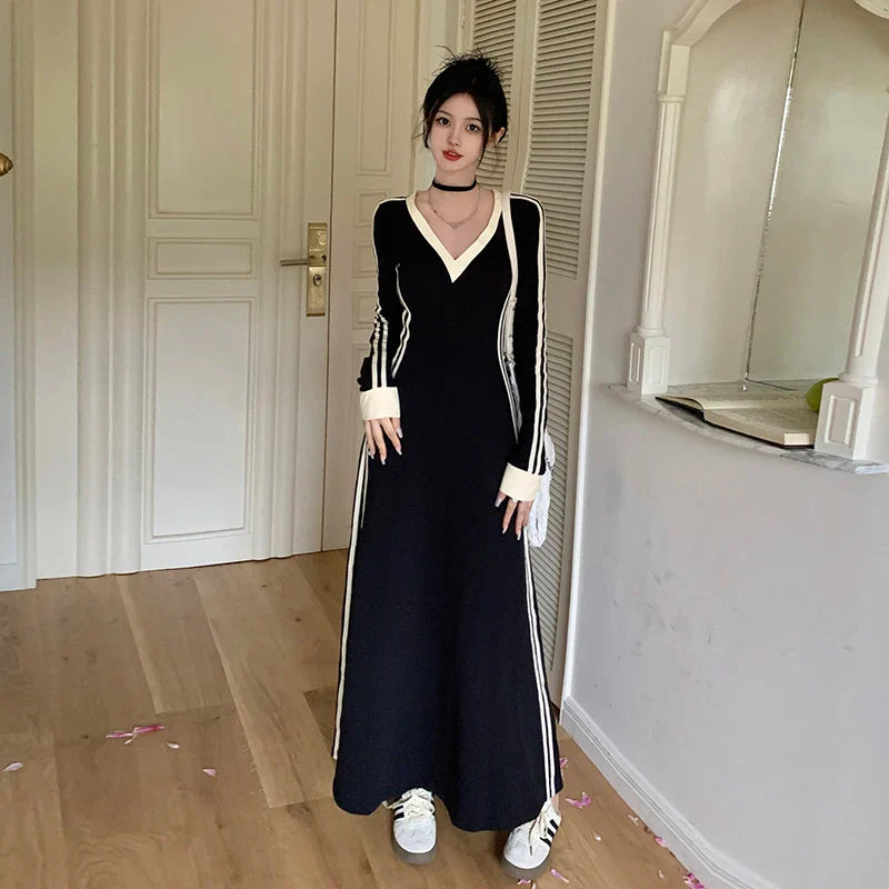 vmtvr  -  French Striped V-neck Long-sleeved Dress Women Fall Clothes Vintage Robe Casual Loose Dresses Korean Fashion Vestidos De Fiesta