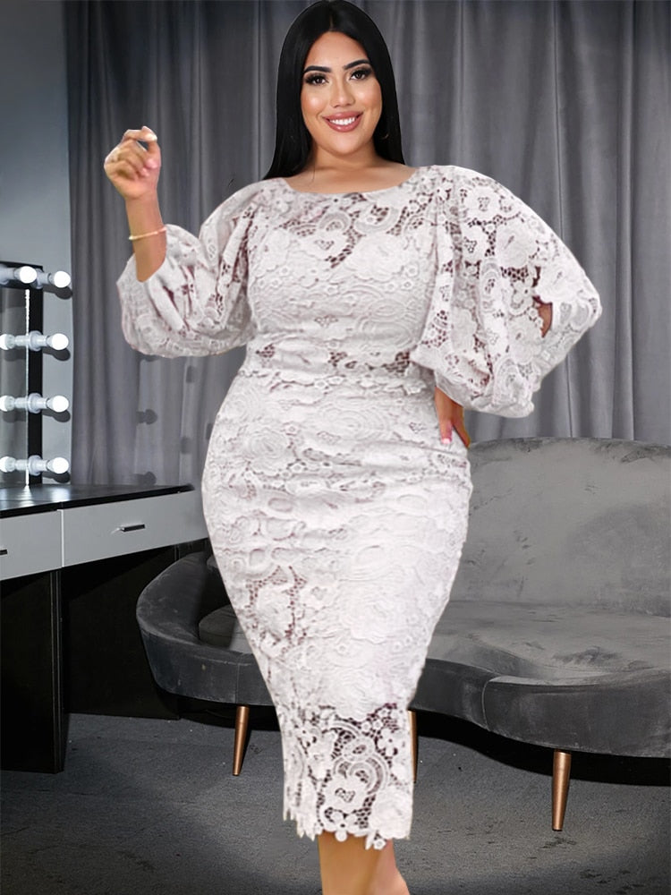 Plus Size Evening Dresses 4XL O Neck Lace Lantern Sleeve Hollow Out Patchwork White Pink Gowns for Ladies Event Cocktail Outfits