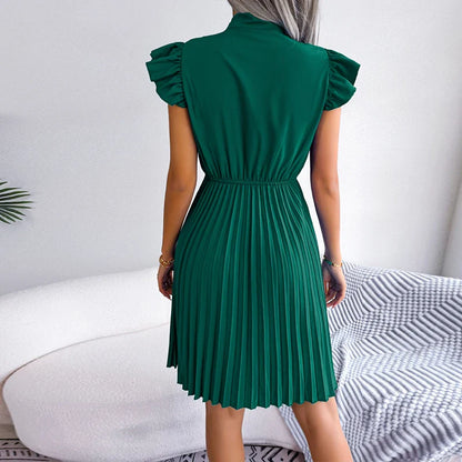 vmtvr Casual O-neck Bow Tie Up Short Sleeved Dress New Summer High Waist Pleated Mini Dress Office Lady Solid Slim Party Dress Vestido