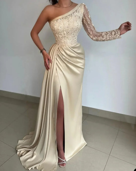 vmtvr  -   Sexy prom Dresses Lace Appliques Beads Illusion One Shoulder Evening Dress A Line Side Split Formal Party Gowns Long Sleeve