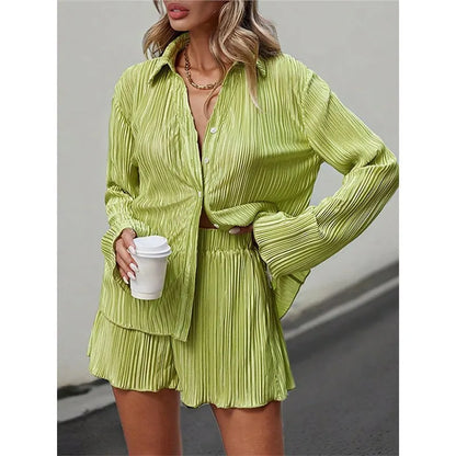 vmtvr Summer Women Casual Loose Two Piece Set Fashion Solid Color Single Breasted Long Sleeve Pant Sets Elegant Lapel Beach Outfits