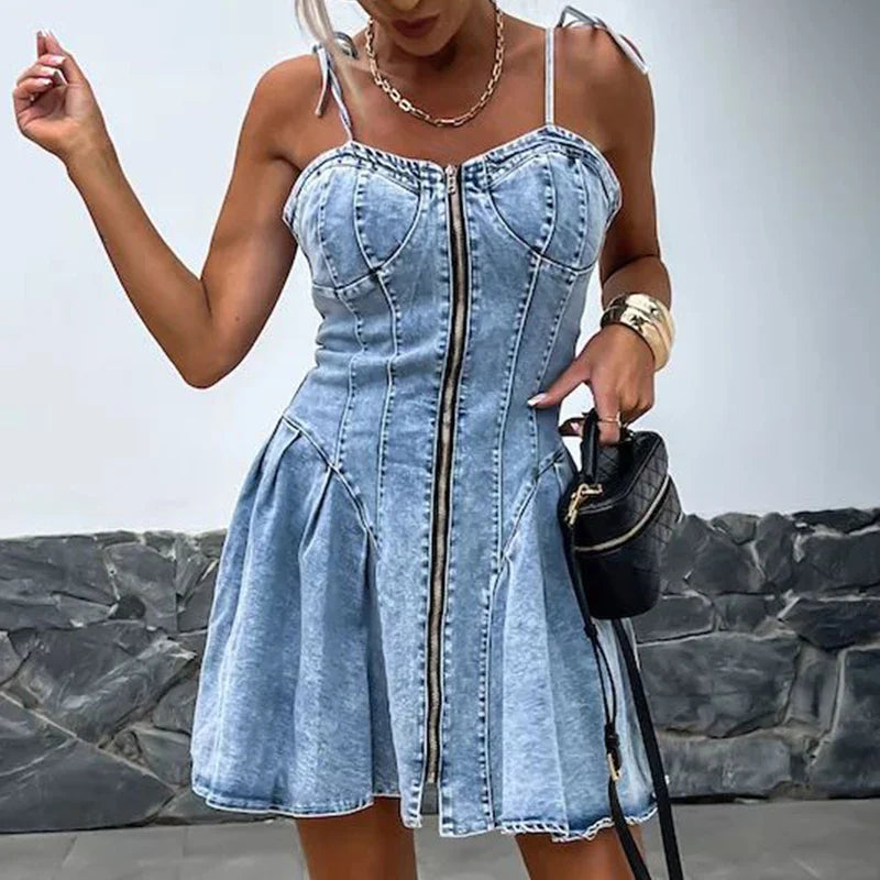 vmtvr  -  Elegant V-neck Tie Solid Suspenders Dress Women Fashion Zip Waist Solid Denim Party Dress Women Casual Ruffles Slim Mini Dresses